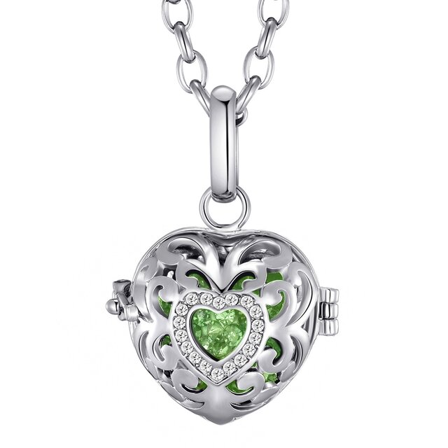 Morella Damen Schutzengel Halskette Edelstahl 70 cm mit Anhänger Herz Liebe und Klangkugel Zirkonia grün Ø 16 mm in Schmuckbeutel