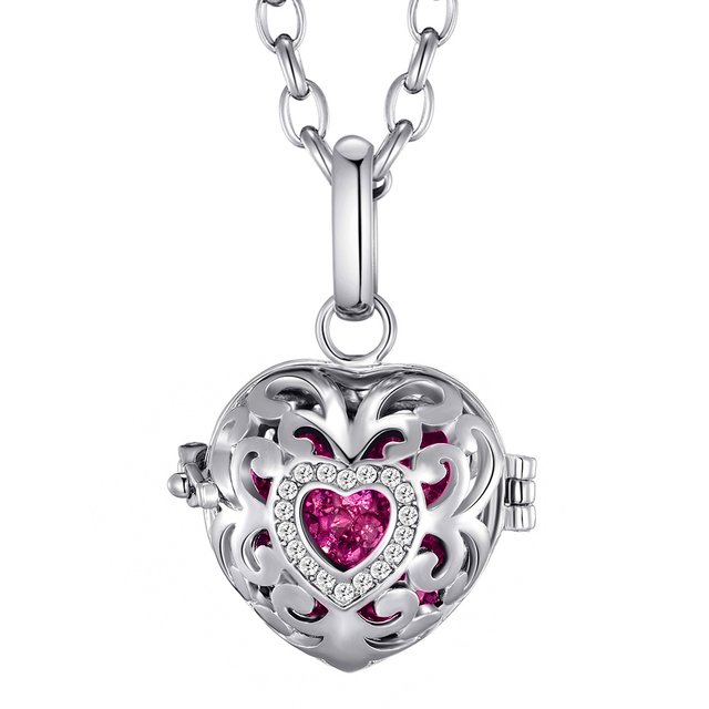Morella Damen Schutzengel Halskette Edelstahl 70 cm mit Anhänger Herz Liebe und Klangkugel Zirkonia pink Ø 16 mm in Schmuckbeutel