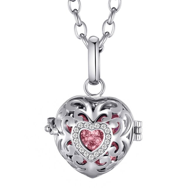 Morella Damen Schutzengel Halskette Edelstahl 70 cm mit Anhänger Herz Liebe und Klangkugel rosa Ø 16 mm in Schmuckbeutel