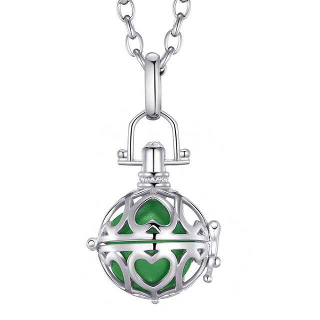 Morella Damen Schutzengel Halskette Edelstahl 70 cm mit Anhänger Liebesherzen und Klangkugel grün Ø 16 mm in Schmuckbeutel