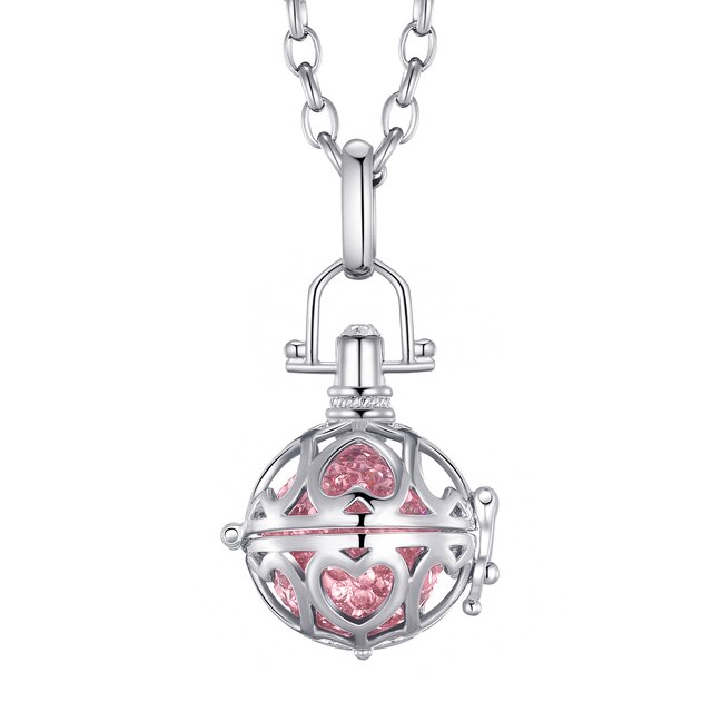 Morella Damen Schutzengel Halskette Edelstahl 70 cm mit Anhänger Liebesherzen und Klangkugel rosa Ø 16 mm in Schmuckbeutel