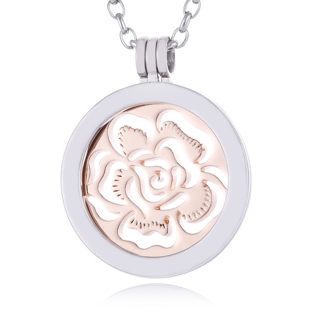 Morella Damen Halskette 70 cm Edelstahl mit Amulett und Coin 33 mm Blütenmeer roségold in Schmuckbeutel