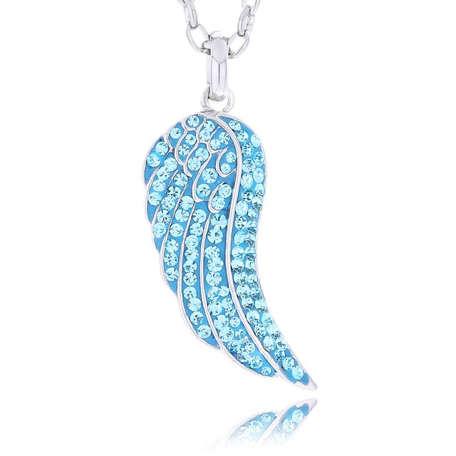 Morella Damen Halskette Engelsflügel mit Zirkoniasteinen hellblau und Samtbeutel