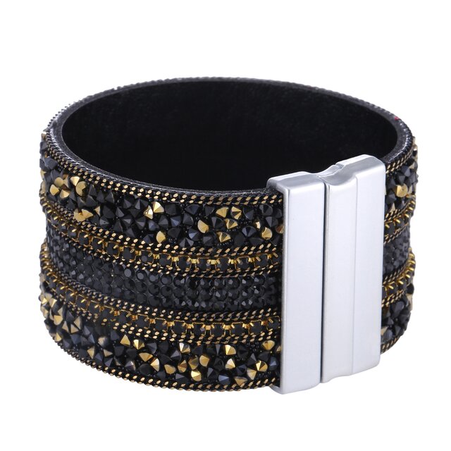 Morella Damen Glitzerarmband breit verziert mit Zirkoniasteinen und Magnetverschluss schwarz gold