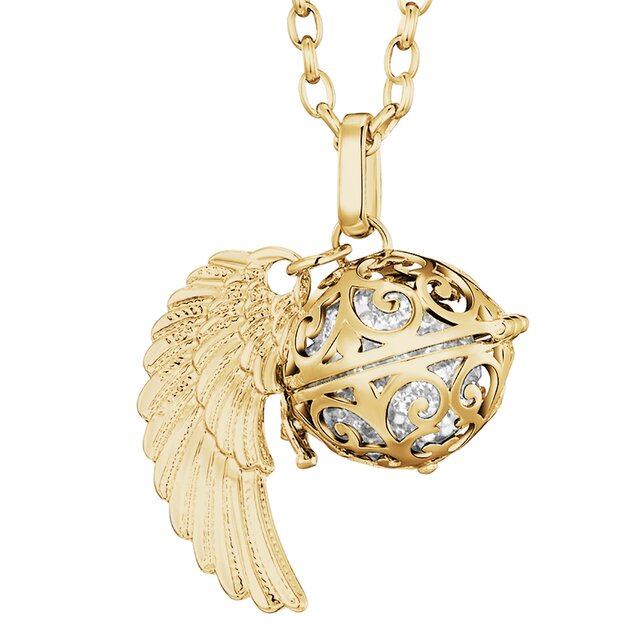Morella Damen Halskette gold Edelstahl 70 cm mit goldenem Anhänger Engelsflügel und Klangkugel Zirkonia weiß Ø 16 mm in Schmuckbeutel