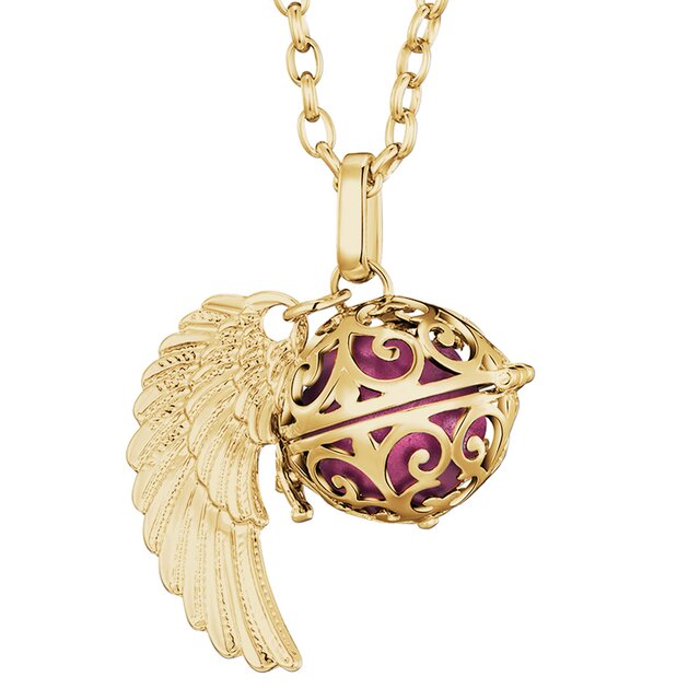 Morella Damen Halskette gold Edelstahl 70 cm mit goldenem Anhänger Engelsflügel und Klangkugel rosa Ø 16 mm in Schmuckbeutel