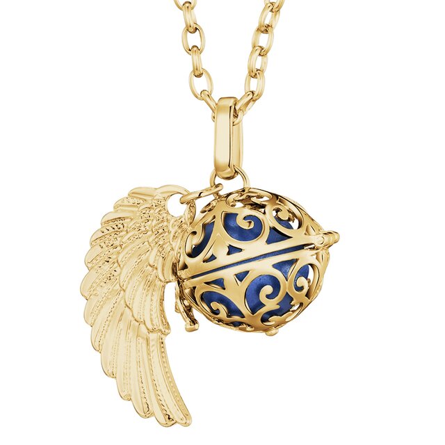 Morella Damen Halskette gold Edelstahl 70 cm mit goldenem Anhänger Engelsflügel und Klangkugel blau Ø 16 mm in Schmuckbeutel
