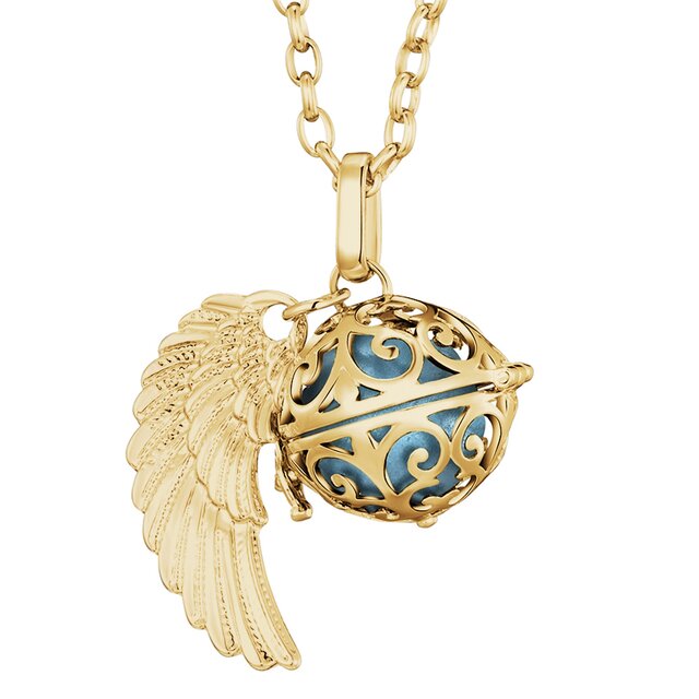 Morella Damen Halskette gold Edelstahl 70 cm mit goldenem Anhänger Engelsflügel und Klangkugel hellblau Ø 16 mm in Schmuckbeutel