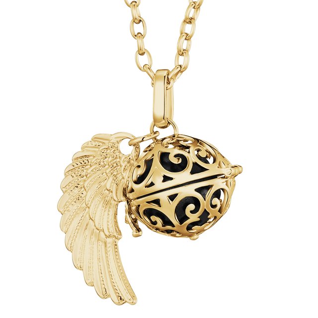 Morella Damen Halskette gold Edelstahl 70 cm mit goldenem Anhänger Engelsflügel und Klangkugel schwarz Ø 16 mm in Schmuckbeutel