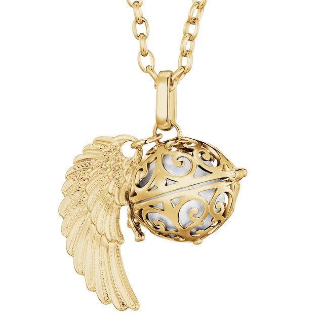 Morella Damen Halskette gold Edelstahl 70 cm mit goldenem Anhänger Engelsflügel und Klangkugel weiß Ø 16 mm in Schmuckbeutel