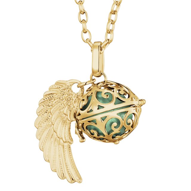 Morella Damen Halskette gold Edelstahl 70 cm mit goldenem Anhänger Engelsflügel und Klangkugel hellgrün Ø 16 mm in Schmuckbeutel