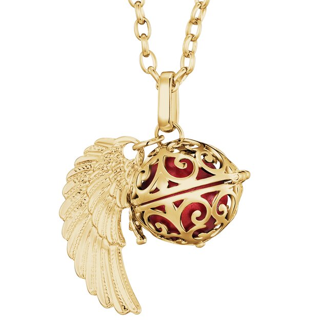 Morella Damen Halskette gold Edelstahl 70 cm mit goldenem Anhänger Engelsflügel und Klangkugel rot Ø 16 mm in Schmuckbeutel