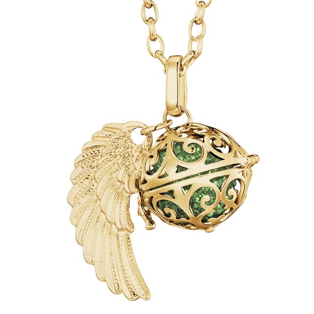 Morella Damen Halskette gold Edelstahl 70 cm mit goldenem Anhnger Engelsflgel und Klangkugel Zirkonia grn  16 mm in Schmuckbeutel