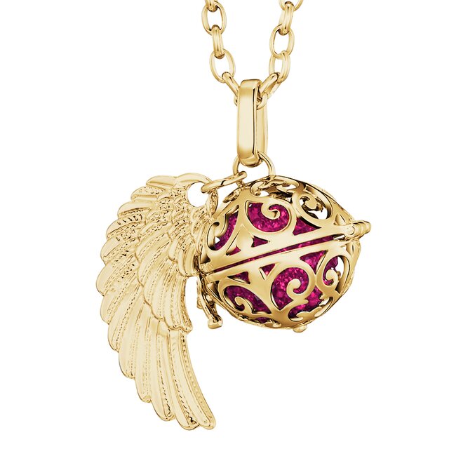 Morella Damen Halskette gold Edelstahl 70 cm mit goldenem Anhänger Engelsflügel und Klangkugel Zirkonia pink Ø 16 mm in Schmuckbeutel