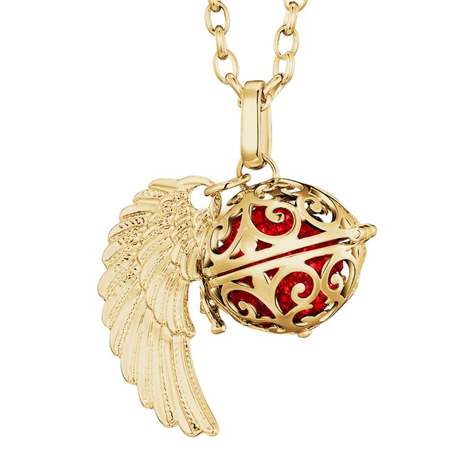 Morella Damen Halskette gold Edelstahl 70 cm mit goldenem Anhänger Engelsflügel und Klangkugel Zirkonia rot Ø 16 mm in Schmuckbeutel