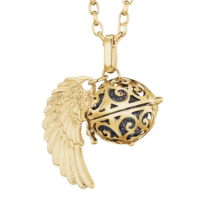 Morella Damen Halskette gold Edelstahl 70 cm mit goldenem Anhänger Engelsflügel und Klangkugel Zirkonia grau Ø 16 mm in Schmuckbeutel