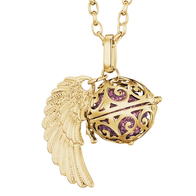 Morella Damen Halskette gold Edelstahl 70 cm mit goldenem Anhänger Engelsflügel und Klangkugel Zirkonia rosa Ø 16 mm in Schmuckbeutel