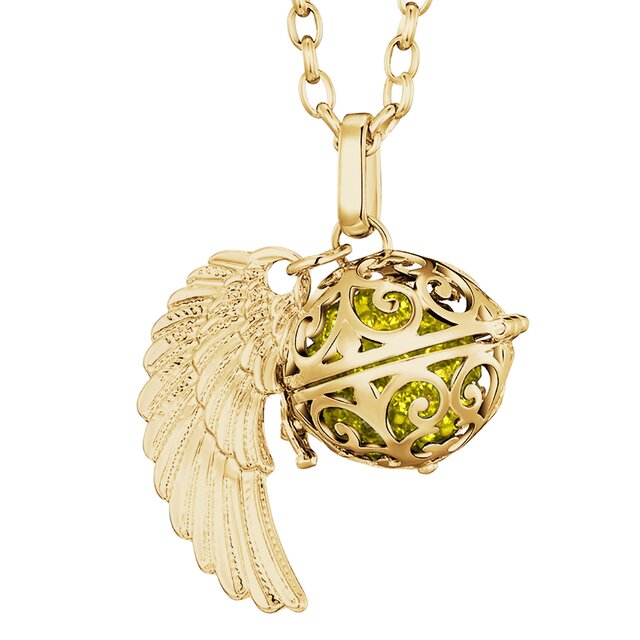Morella Damen Halskette gold Edelstahl 70 cm mit goldenem Anhänger Engelsflügel und Klangkugel Zirkonia gelb Ø 16 mm in Schmuckbeutel