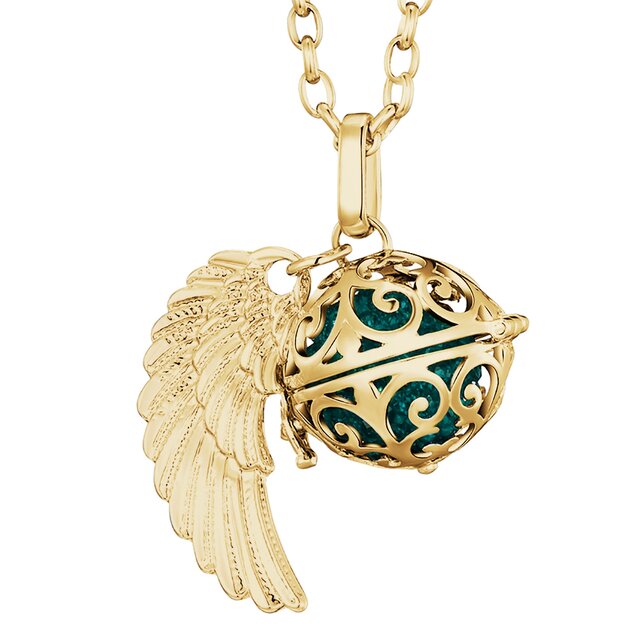 Morella Damen Halskette gold Edelstahl 70 cm mit goldenem Anhänger Engelsflügel und Klangkugel Zirkonia dunkelgrün Ø 16 mm in Schmuckbeutel