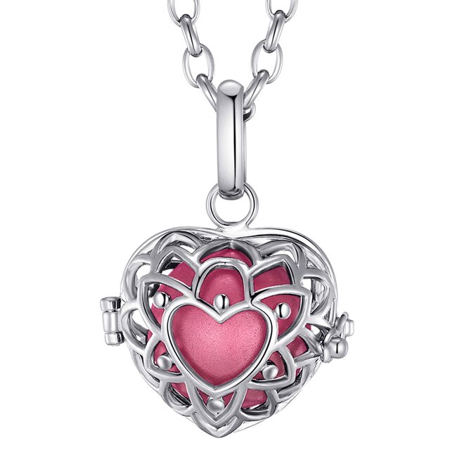 Morella® Damen Halskette Edelstahl 70 cm mit Herzform Anhänger und Klangkugel rosa Ø 16 mm in Schmuckbeutel
