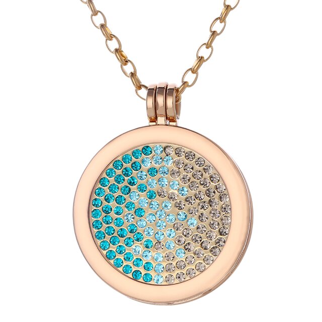 Morella Damen Halskette gold 70 cm Edelstahl mit Amulett und Coin 33 mm Zirkoniasteine grn-blau-silber in Schmuckbeutel