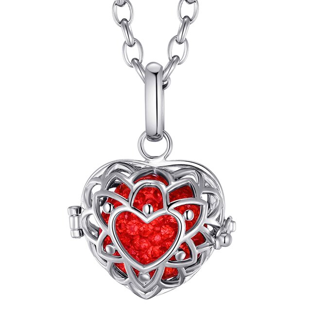 Morella® Damen Halskette Edelstahl 70 cm mit Herzform Anhänger und Klangkugel rot Ø 16 mm in Schmuckbeutel