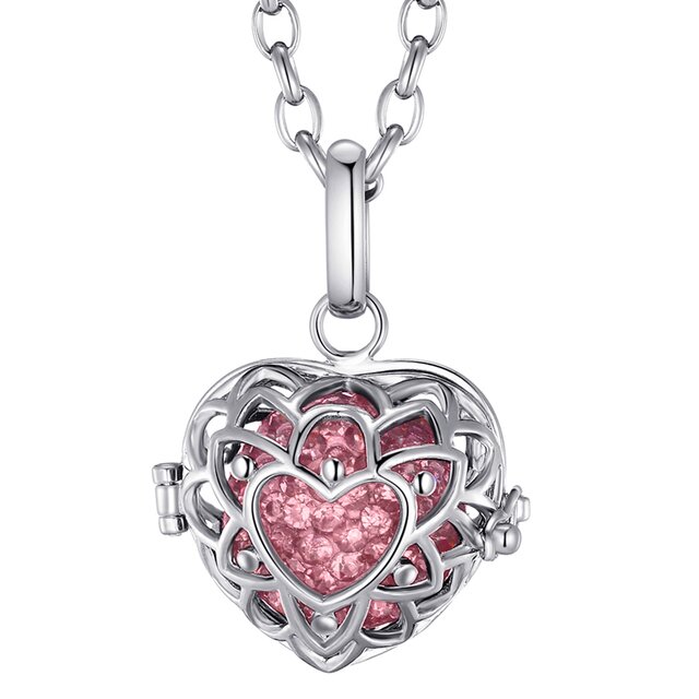Morella® Damen Halskette Edelstahl 70 cm mit Herzform Anhänger und Klangkugel rosa Ø 16 mm in Schmuckbeutel
