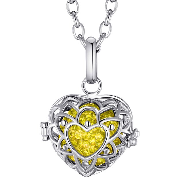 Morella® Damen Halskette Edelstahl 70 cm mit Herzform Anhänger und Klangkugel gelb Ø 16 mm in Schmuckbeutel