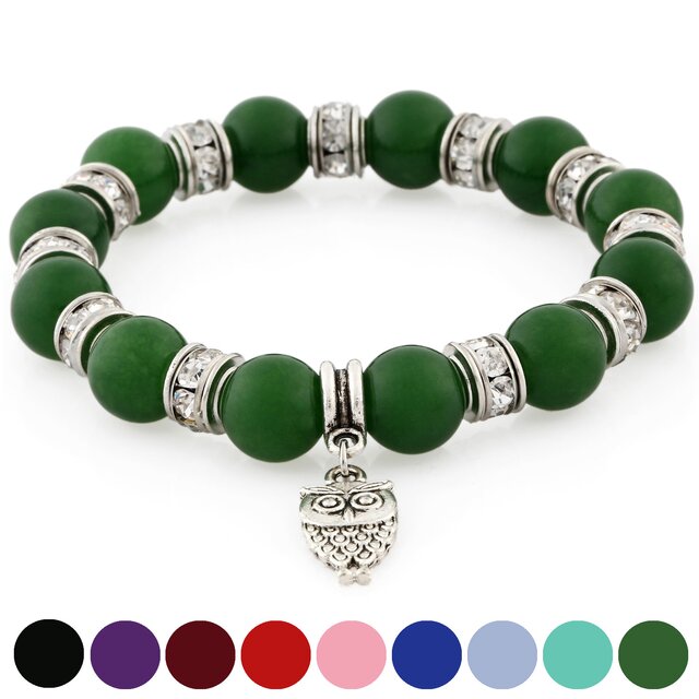 Morella® Damen Armband Steinperlen mit Anhänger Eule und Zirkoniasteinen elastisch grün