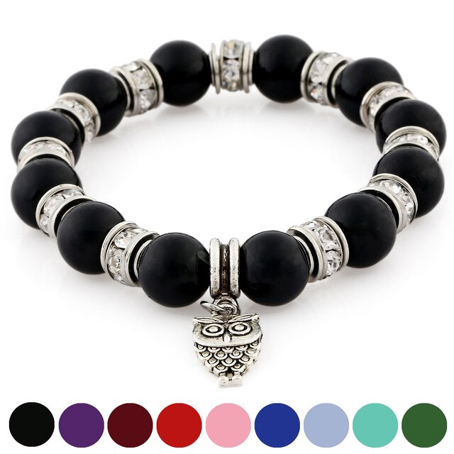 Morella® Damen Armband Steinperlen mit Anhänger Eule und Zirkoniasteinen elastisch schwarz