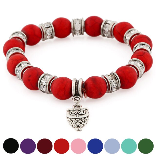Morella® Damen Armband Steinperlen mit Anhänger Eule und Zirkoniasteinen elastisch rot