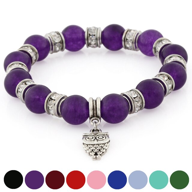 Morella® Damen Armband Steinperlen mit Anhänger Eule und Zirkoniasteinen elastisch lila