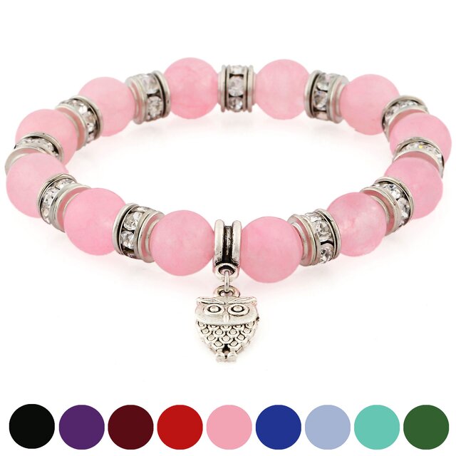 Morella Damen Armband Steinperlen mit Anhnger Eule und Zirkoniasteinen elastisch rosa