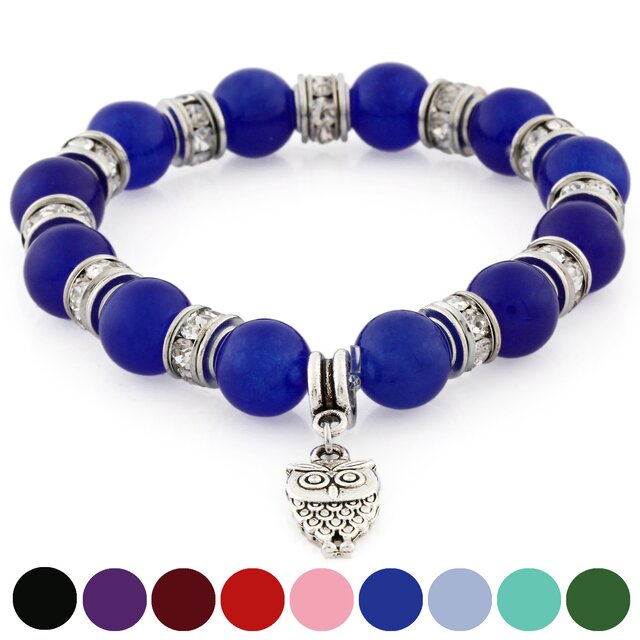 Morella® Damen Armband Steinperlen mit Anhänger Eule und Zirkoniasteinen elastisch blau