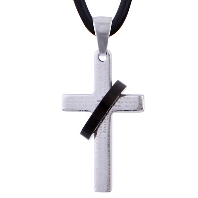 Sophie & Jules Herren Leder Halskette Lederkette 50 cm mit Edelstahl Kreuz Anhänger Silber Vater Unser und Ring