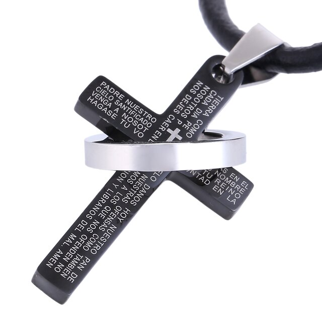 DonDon Leder Halskette mit schwarzem Kreuz und Edelstahlring Anhänger in Samtbeutel