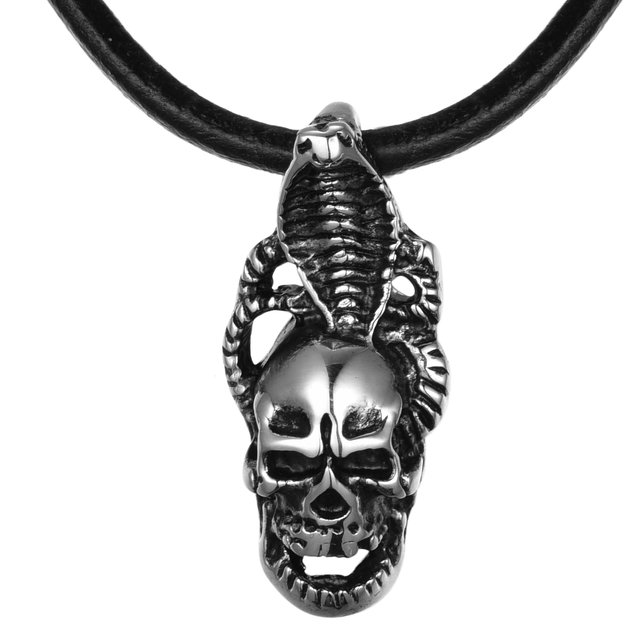 DonDon Herren Lederkette Leder Halskette 50 cm mit Edelstahl Anhänger Kobra-Totenkopf