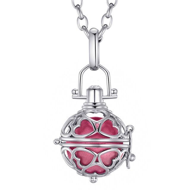 Morella® Damen Halskette Edelstahl 70 cm mit Herz-Kugel Anhänger und Klangkugel rosa Ø 16 mm in Schmuckbeutel