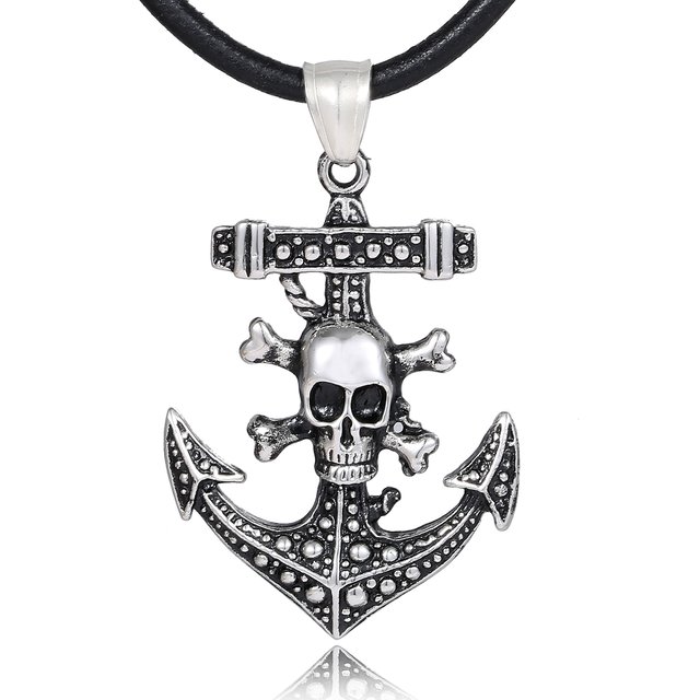 DonDon Herren Lederkette Leder Halskette 50 cm mit Edelstahl Anhänger Anker Skull Totenkopf