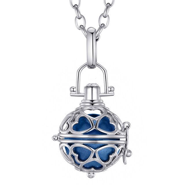 Morella® Damen Halskette Edelstahl 70 cm mit Herz-Kugel Anhänger und Klangkugel blau Ø 16 mm in Schmuckbeutel