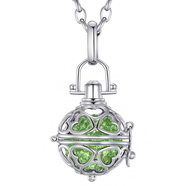 Morella® Damen Halskette Edelstahl 70 cm mit Herz-Kugel Anhänger und Klangkugel Zirkonia grün Ø 16 mm in Schmuckbeutel