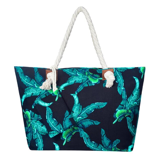 Große Strandtasche Shopper mit Reißverschluss - Blätter blau