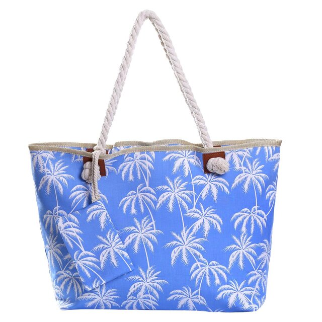 Große Strandtasche wasserabweisend mit Reißverschluss - Palmen weiß-blau