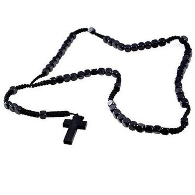 DonDon Holz Rosenkranz - Halskette mit schwarzen Perlen