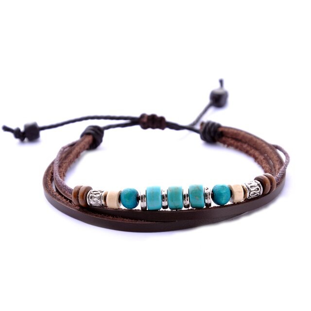 Morella Damen Armband aus Leder mit Ringen und Beads türkis