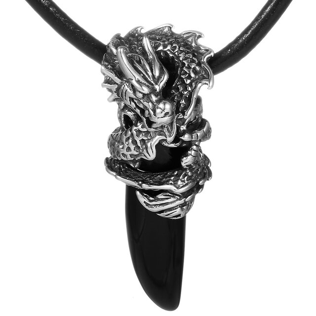DonDon Herren Halskette Leder und Drachen-Zahn Anhnger Edelstahl in einem Schmuckbeutel