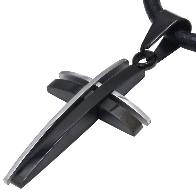 DonDon Herren Halskette Leder 50 cm zweifarbiger Kreuz Anhänger Edelstahl und schwarzem Schmuckbeutel