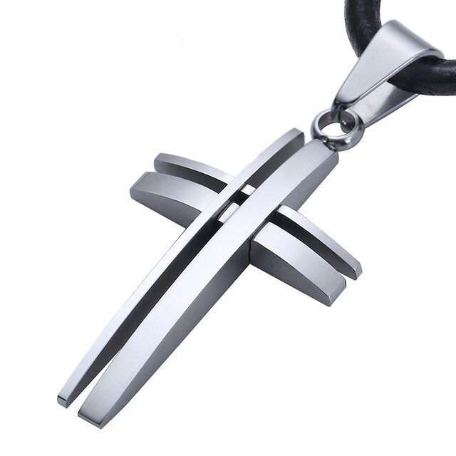 DonDon Herren Halskette Leder 50 cm modernes silbernes Kreuz Edelstahl mit Schmuckbeutel