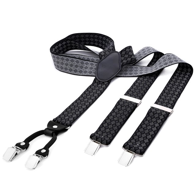 DonDon® Herren Hosenträger breit 3,5 cm - 4 Clips mit Leder in Y-Form - elastisch und längenverstellbar kariert in schwarz grau weiß