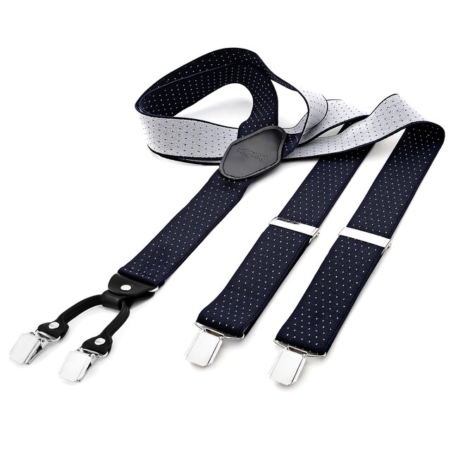 DonDon® Herren Hosenträger breit 3,5 cm - 4 Clips mit Leder in Y-Form - elastisch und längenverstellbar gepunktet in blau weiß
